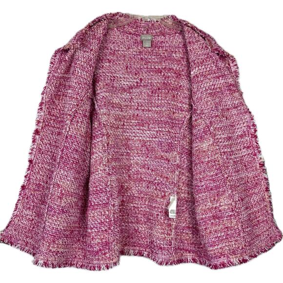 Textured Tweed Cardigan Chicos 2 (L/12) Fringed Blazer Jacket Elle Woods Pink - Picture 3 of 12